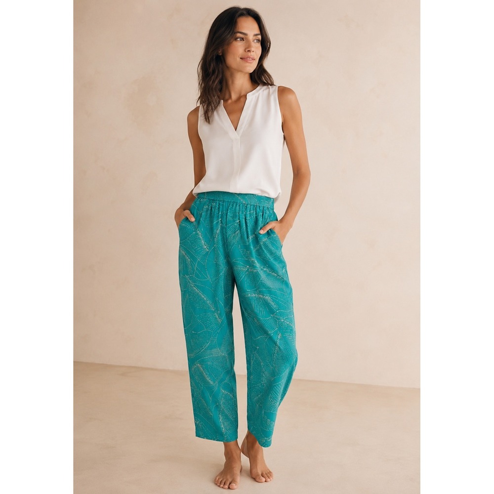 Jude Connally Womens Teal Green Palm Leaf Print Elastic Pull On Pants‎ L Resort